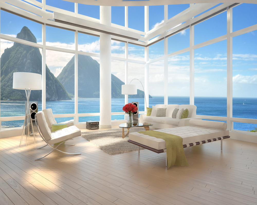A 3D rendering of loft apartment interior with seascape view 
