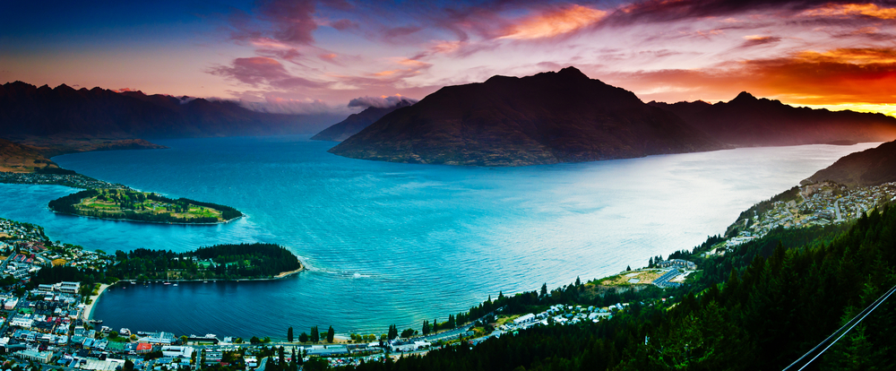 Aerial view of Queenstown with lake Wakatipu at Dusk 
