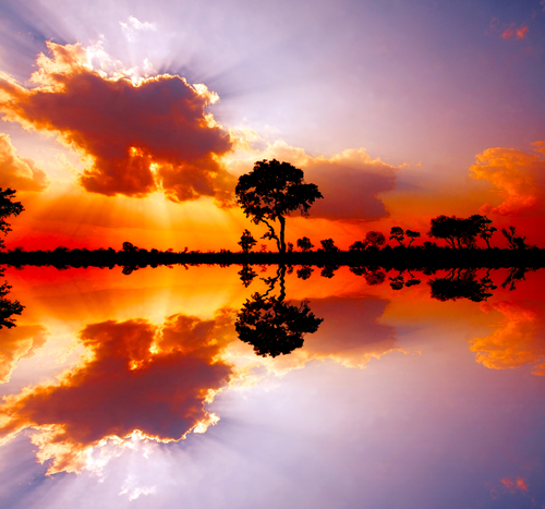 Beautiful African sunset reflected in water in the Kruger National Park South Africa