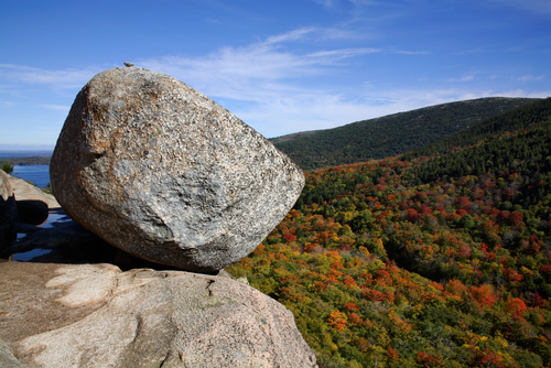 Bubble Rock A Glacial Erratic Boulder Precariously Perched Atop A Mountain At Acadia National Park Maine USA 