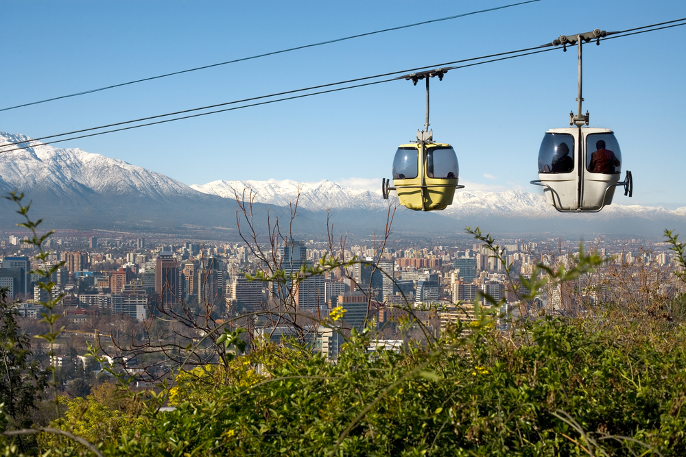 Cable car in San Cristobal hill overlooking a panoramic view of Santiago de Chile 