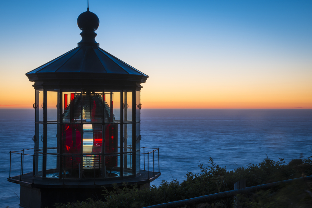 Cape Meares Lighthouse at sunset on the Oregon Coast 