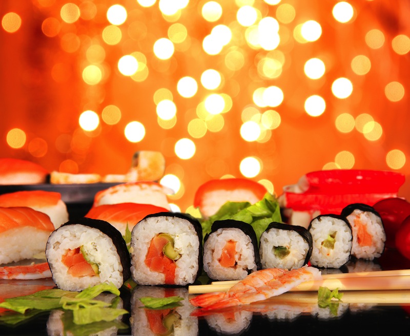 Delicious sushi with shiny blur background 