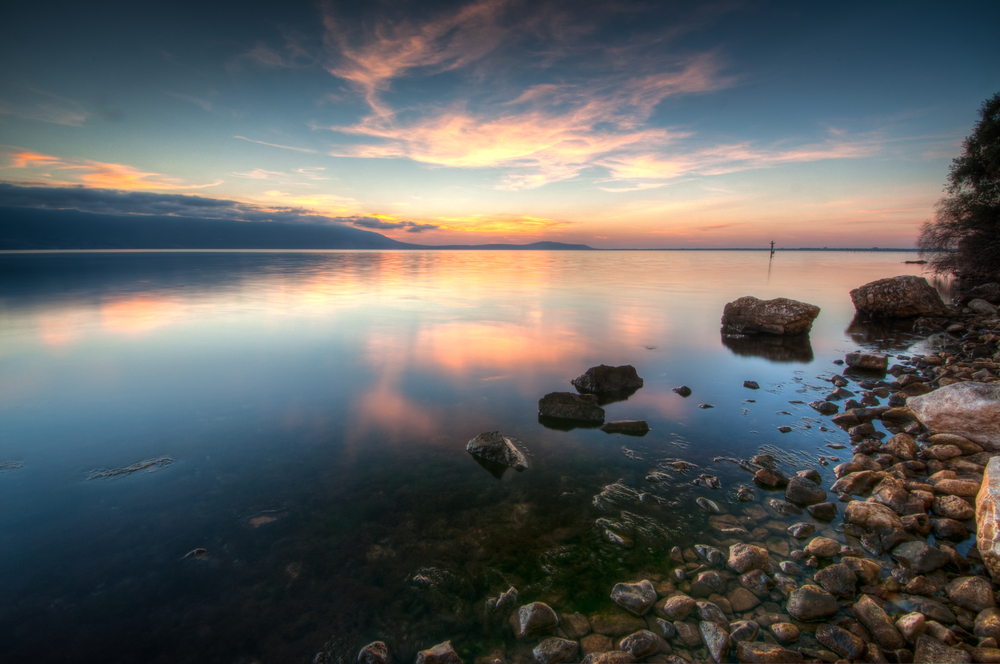 Dusk at Lago di Varano Varano lake on the Gargano peninsula in Puglia Italy 