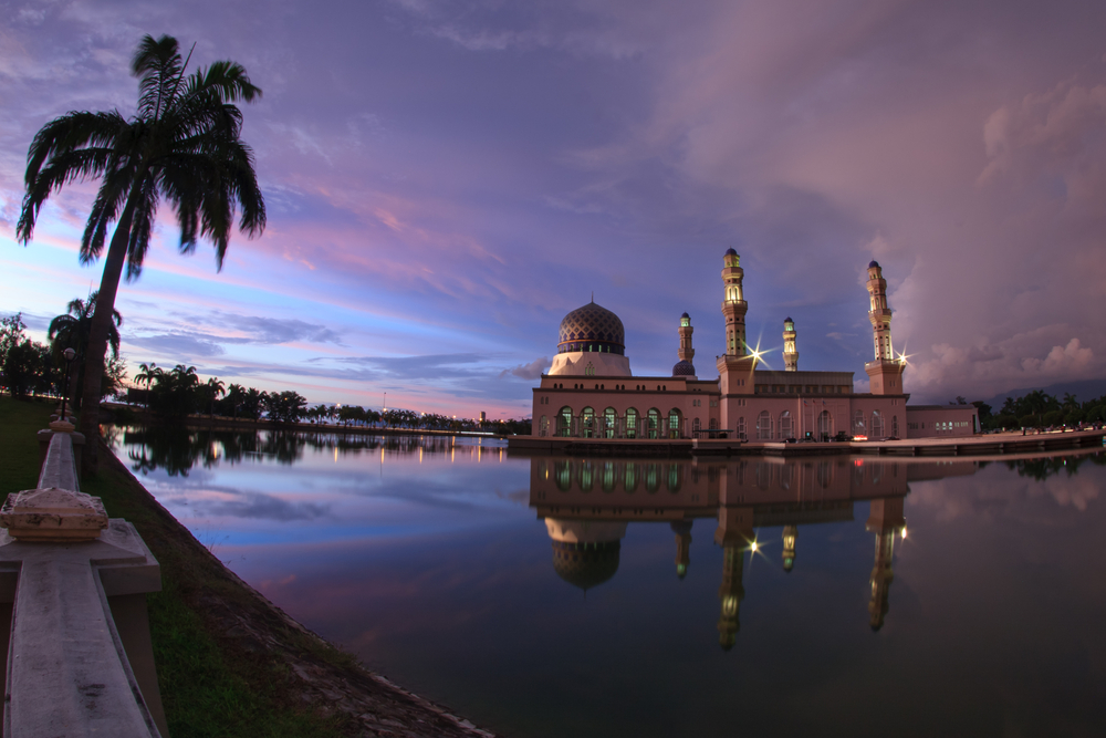 Floating Bandaraya Kota Kinabalu Mosque at Sunset and a must visit place for tourist when go to Kota KInabaluSabah Borneo Malaysia 