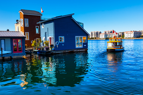 Floating Home Village Blue Houseboats Water Taxi Fishermans Wharf Reflection Inner Harbor Victoria British Columbia Canada Pacific Northwest