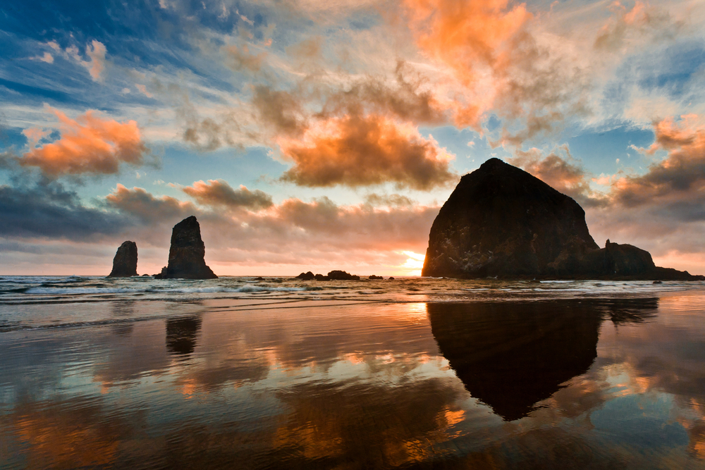 Haystack Rock at sunset Cannon Beach Oregon 