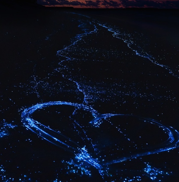 Heart on the beach from bioluminescent algae Noctiluca Scintillans on the Maldivian islands