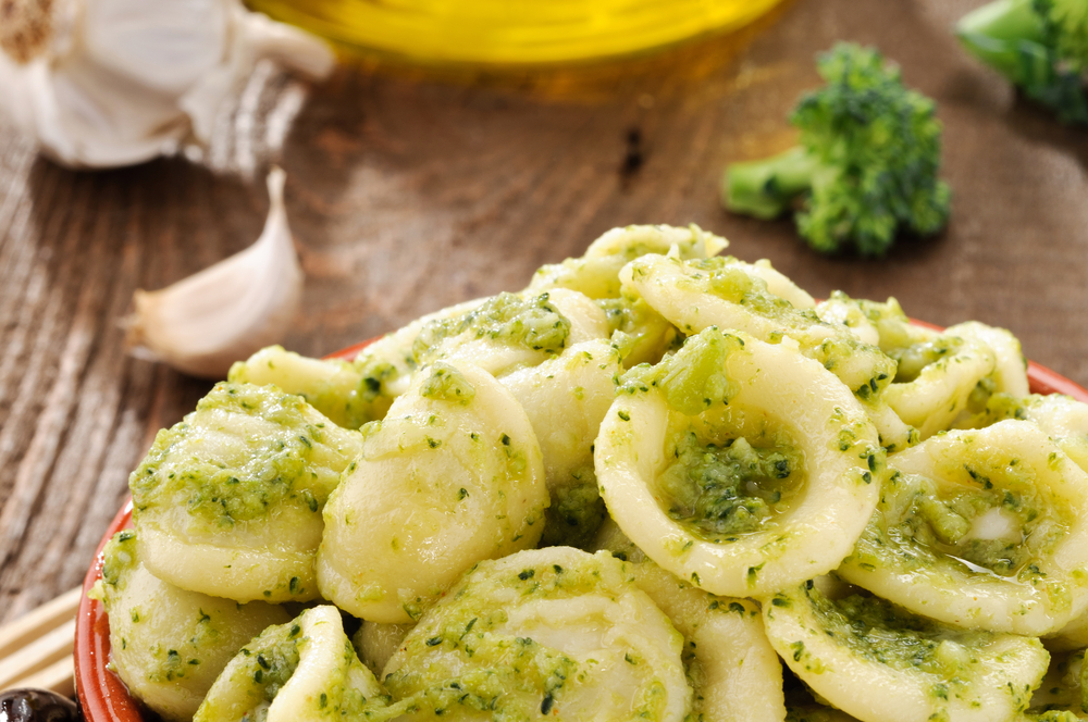 Italian pasta orecchiette with broccoli closeup 