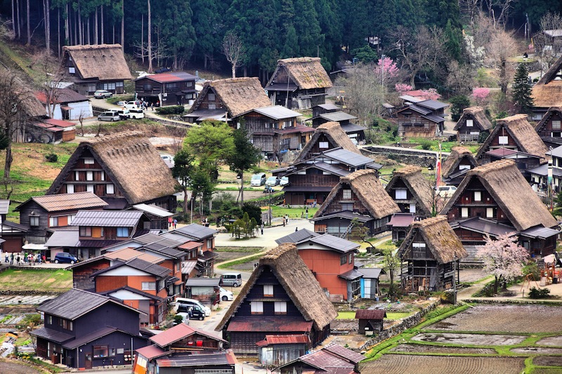 Japan aerial view of Shirakawa Go famous village listed as UNESCO World Heritage Site