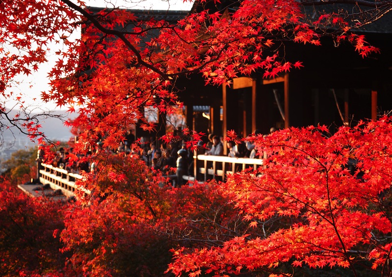 Kiyomizu dera temple in Kyoto Japan with onlookers in the background 