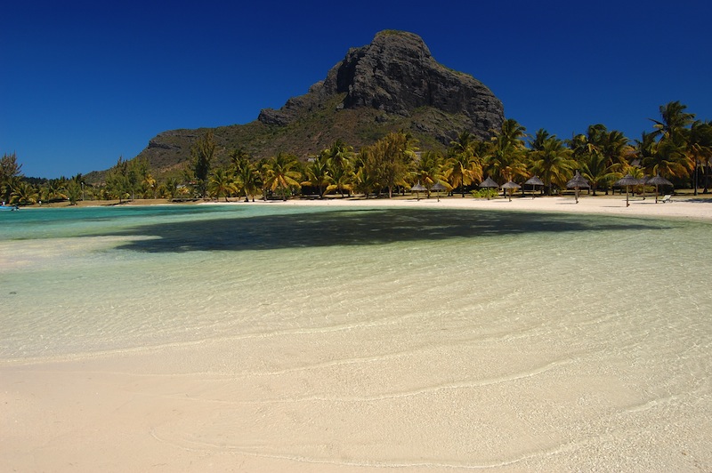 Le Morne Brabant mountain with tropical lagoon on south coast of Mauritius Island jpg
