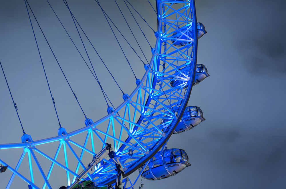 London Eye panoramic wheel close up at dramatic sky with light pollution middle angle shoot long exposure 6