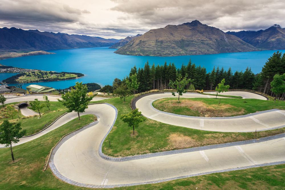 Luge track with beautiful lake and mountain at Skyline Queenstown New Zealand 