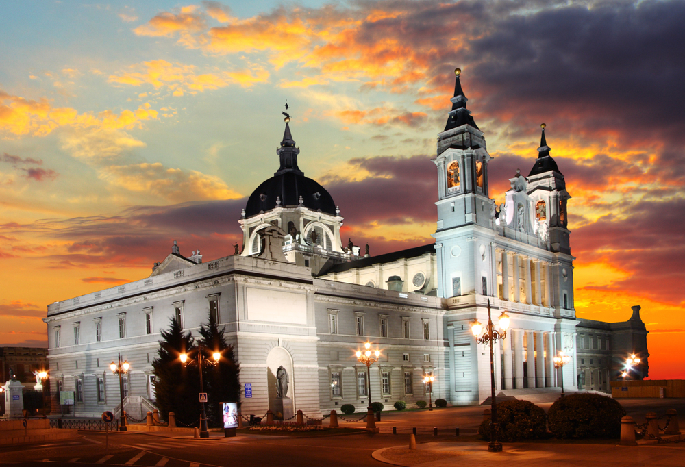 Madrid at sunset Santa Maria la Real de La Almudena Spain 