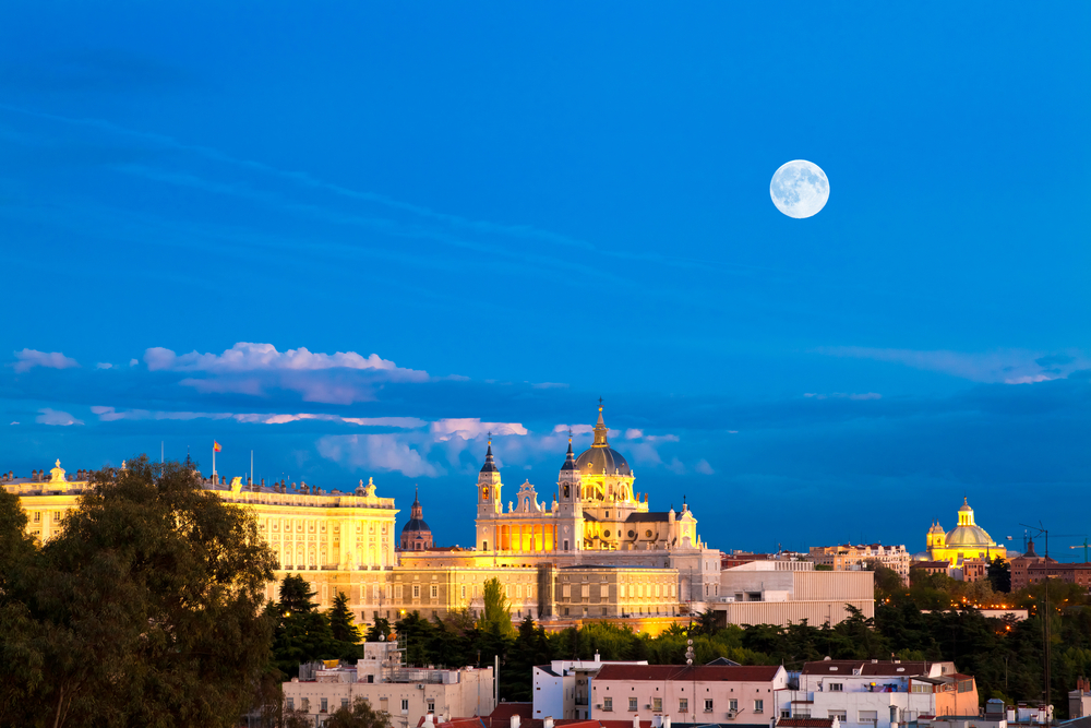 Madrid evening panorama with the Almudena Cathedral and the Royal Palace