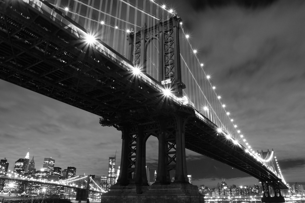 Manhattan Bridge and s0kyline At Night New York City 