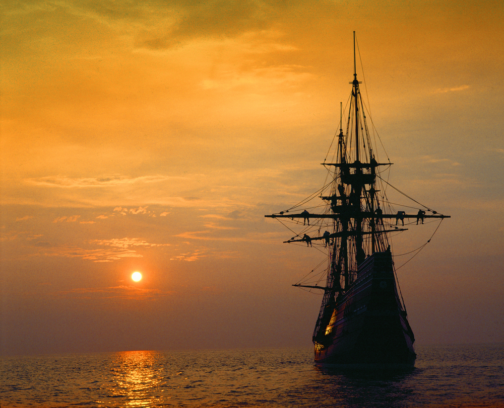 Mayflower II replica at sunset Massachusetts 