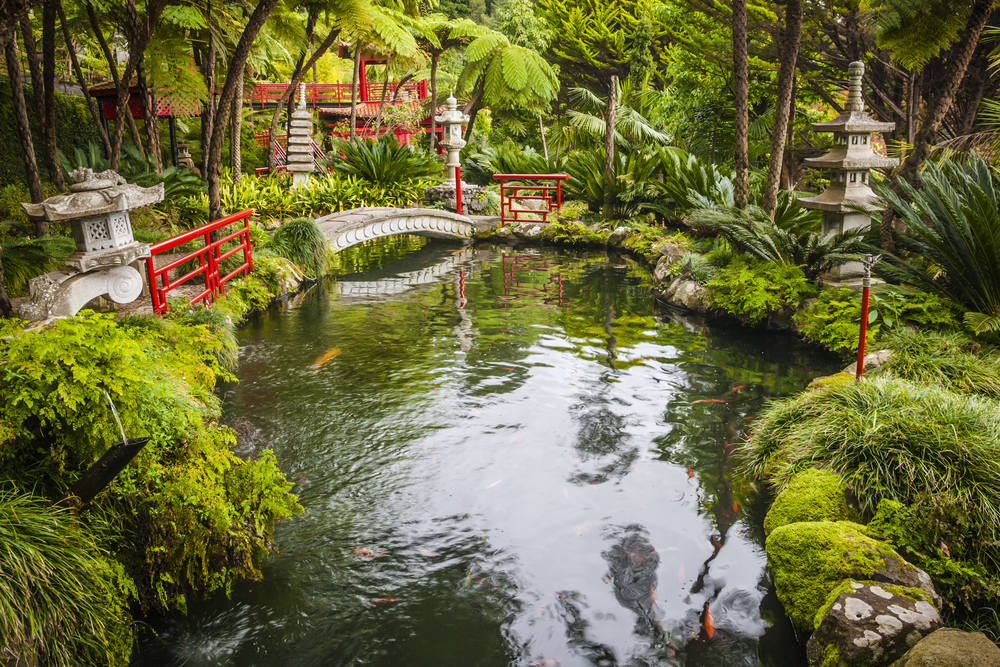Monte Tropical Gardens with red Japanese style pavilions Funchal Madeira island Portugal 