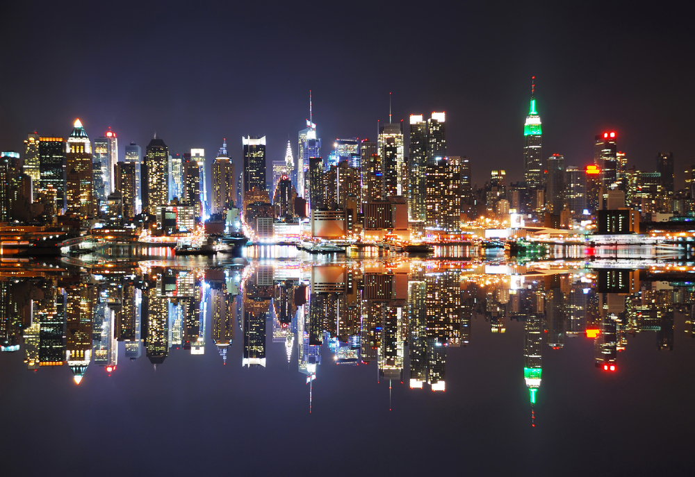 New York City Skyline at night with reflection 