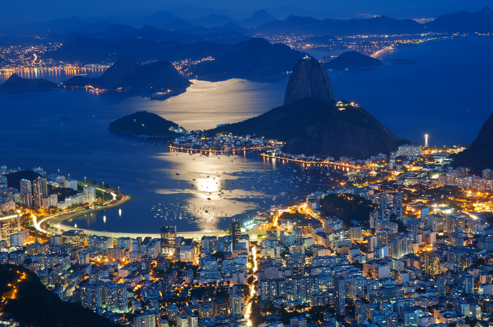 Night view of mountain Sugar Loaf and Botafogo in Rio de Janeiro 