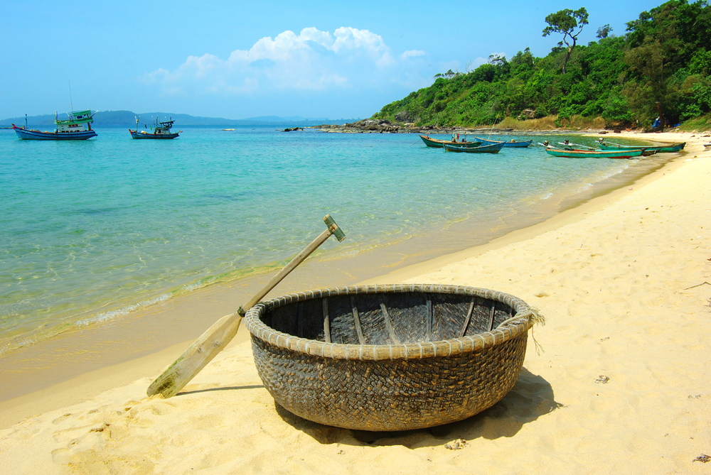 Picturesque sea landscape with tribal boat vietnam