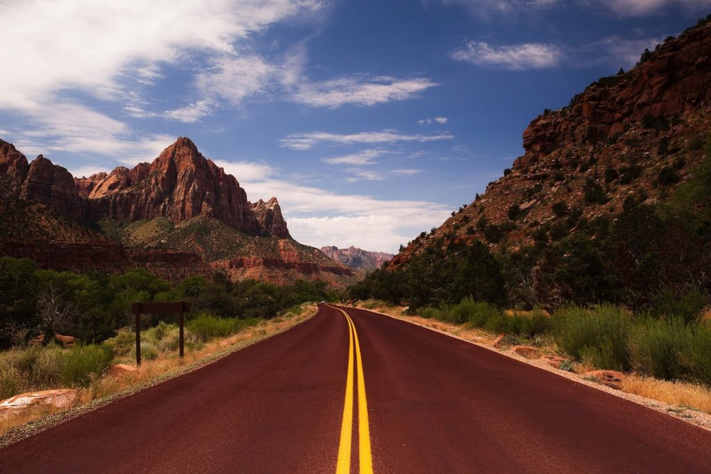 Road through Zion Canyon National Park Utah