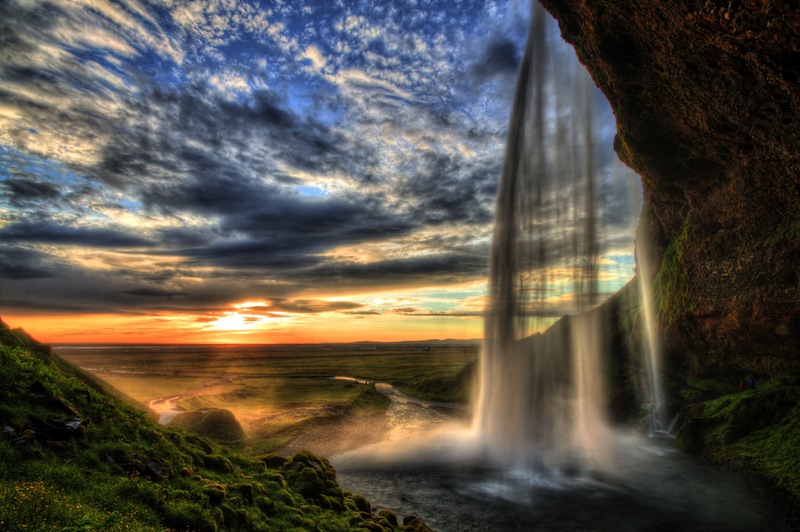 Seljalandfoss waterfall at sunset in HDR Iceland