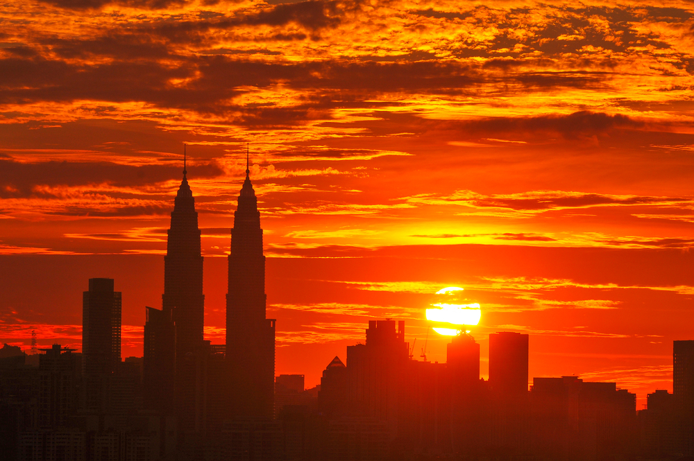 Sunset skyline of Kuala Lumpur city with Petronas Twin Towers or Kuala Lumpur City Centre malresia