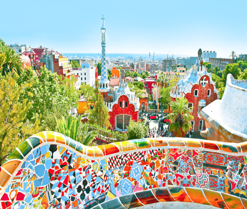 The Famous Summer Park Guell over bright blue sky in Barcelona Spain 