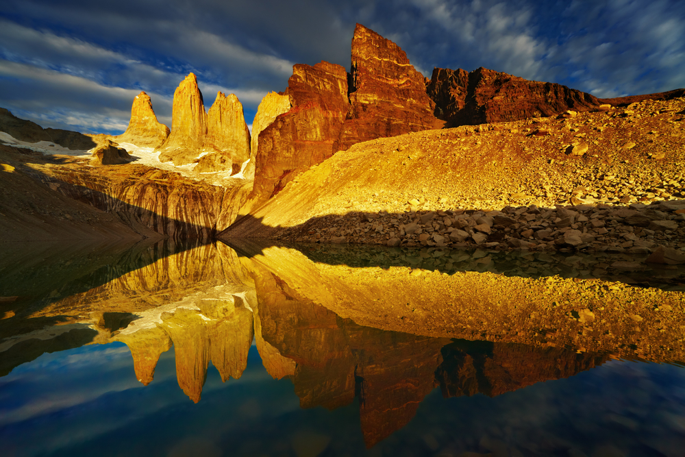 Towers with reflection at sunrise Torres del Paine National Park Patagonia Chil