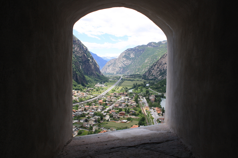View of Aosta Valley through the window Bard Fortress Italy 
