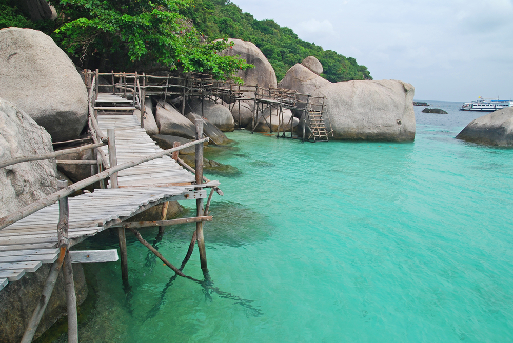 Wooden footbridge to the beach of Nangyuan island Thailand 