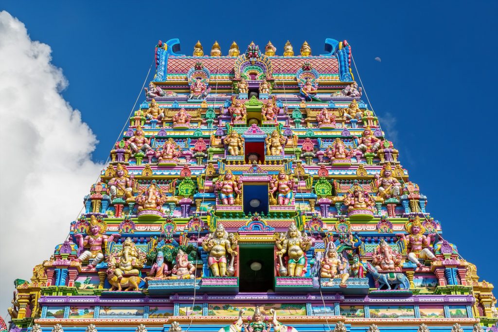 Colorful facade of a Hindu temple in Victoria Mahe Seychelles also known as ARUL MIHU NAVASAKTHI VINAYAGAR twot 1